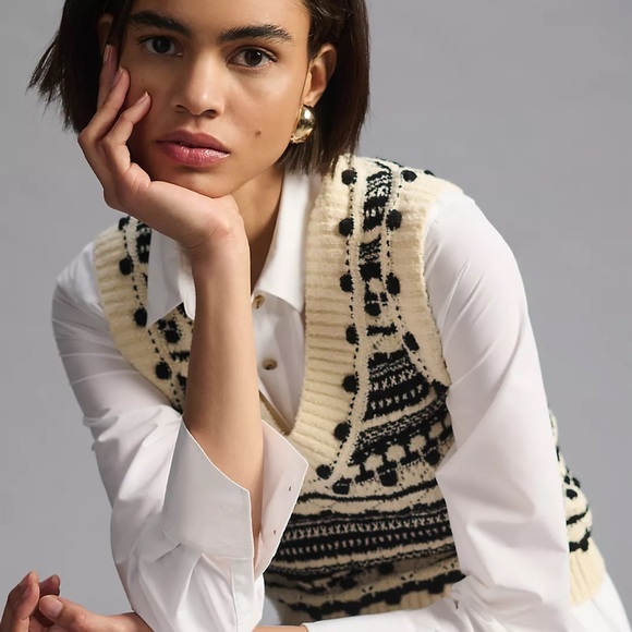 PILCRO ANTHROPOLGIE Black and Cream Knit Sweater Vest Size XS - Picture 3 of 15